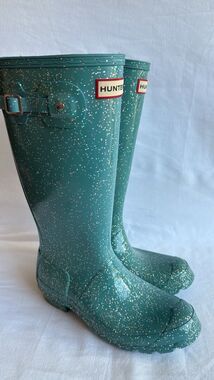 Hunter Tall Glitter Rain Boots Teal Green Waterproof Original Size US 5